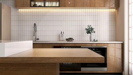 Elegant kitchen, modern wooden island, cabinet counter, cupboard, stove, sink, oven white tile...