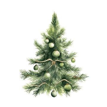 Christmas green tree with decor and gift boxes for decoration greeting card watercolor paint on white background