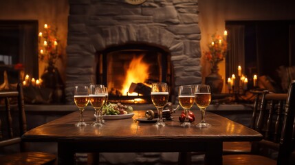 Fototapeta na wymiar Cheers with craft beer by the cozy fireplace, a perfect celebration moment.