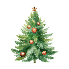 Christmas green tree with decor and gift boxes for decoration greeting card watercolor paint on white background