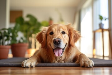 golden retriever practicing yoga on mat at home in minimal interior