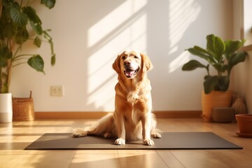 golden retriever practicing yoga in the morning on the mat at home in minimal modern interior with green plants