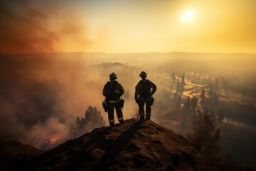 Silhouette of two firefighters from behind aerial view  with fire and smoke in forest as background. First responders at wildfire in action.
