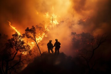 Silhouette of two firemen aerial view from behind with fire in forest as background. First responders at wildfire in action.
