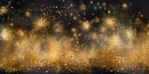 Immerse yourself in the enchantment of an abstract gold glitter background adorned with sparkling fireworks. A perfect representation of the festive spirit, ideal for Christmas Eve, New Year, and 4th. - obrazy, fototapety, plakaty