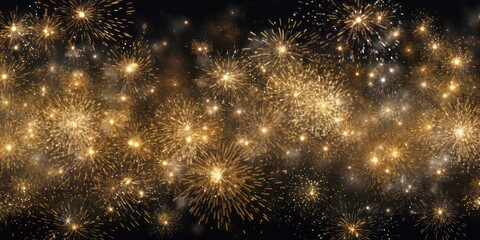 Fototapeta premium Immerse yourself in the enchantment of an abstract gold glitter background adorned with sparkling fireworks. A perfect representation of the festive spirit, ideal for Christmas Eve, New Year, and 4th.