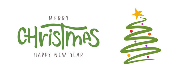 Banner with christmas tree. Merry Christmas and Happy New Year lettering