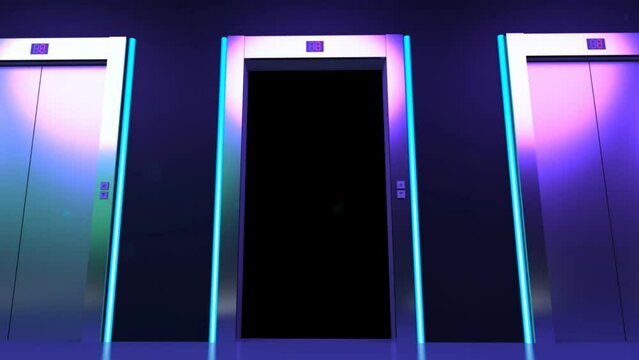 3d Rendered Series Of Metal High Tech Futuristic Lift Doors Opens And Closes One After Another Left To Right In A Blue Wall.