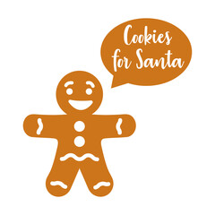 Tiempo de Navidad. Postre navideño. Logo con texto manuscrito Cookies for Santa en burbuja de habla con silueta de hombre de pan de jengibre