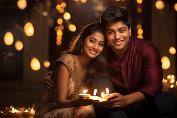 Obraz na płótnie Canvas Happy smiling Indian ethnic young couple celebrating Diwali festival with lights