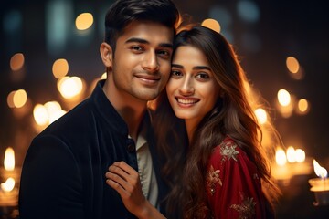 Happy smiling Indian ethnic young couple celebrating Diwali festival with lights