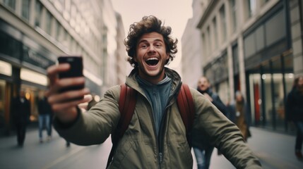 Handsome man blogger influencer taking selfie picture on vacation day - Happy hiker with backpack smiling at camera outside - Tourist walking on the city. Traveling and technology