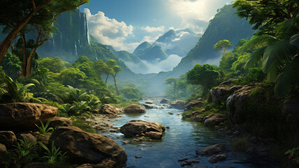 mountain landscape in the jungle with a waterfall