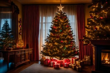 Fototapeta na wymiar The room's Christmas tree shines brightly with festive lights
