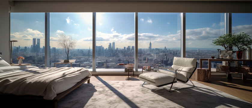 Fototapeta Modern luxury residence interior with panoramic view, view from the window
