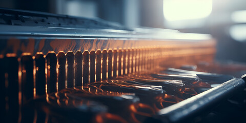 Piano keys close up photo selective focuspiano keyboard close up side view stock photo with sun light and blured background AI Generative
