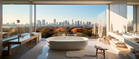 Modern luxury residence interior with panoramic view, luxury hotel room - obrazy, fototapety, plakaty