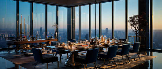 Modern luxury residence interior with panoramic night view, table setting at sunset
