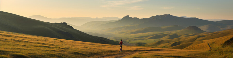 Obraz premium Panoramic illustration of mountain runner surrounded by graduating hills at sunset 