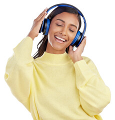 Indian woman, headphones and listening to music isolated on transparent png background for freedom. Face of happy female model hearing radio, audio song or sound of podcast, media and streaming album