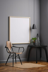 A framed poster layout on the living room wall. Interior in the Nordic style. AI generating