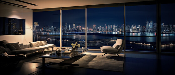Modern luxury residence interior with panoramic night view, modern living room
