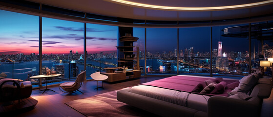 Modern luxury residence interior with panoramic night view, hotel at night