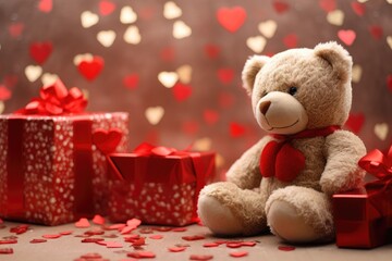 Valentines day concept.Teddy bear and Valentines day present with heart shape glitter on background
