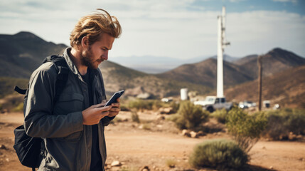 man using a phone by a mast on desert moutains