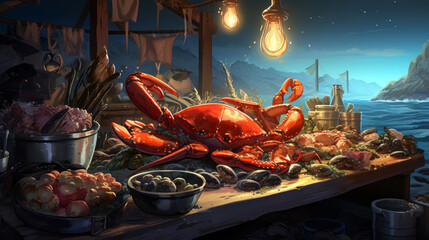 crab and other seafood on a table in a rocky bay - obrazy, fototapety, plakaty