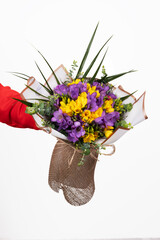 Young adult woman's hands holding beautiful fresh yellow and purple freesia flower bouquet on white table background. Point of view shot. To close. Top-down view.