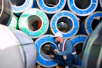 Blue collar worker work at metal sheet factory.