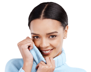 Happy woman, portrait smile and shy for flirting or cute expression isolated on a transparent PNG background. Female person covering face with jersey in happiness hiding flirty reaction or surprise