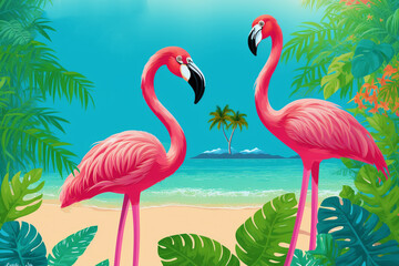 Obraz premium Summer vacation concept. Flamingo Paradise. Exploring the Vibrant Coastal Wonders. Generative AI