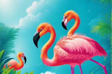 Fototapeta premium Summer vacation concept. Flamingo Paradise. Exploring the Vibrant Coastal Wonders. Generative AI