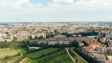 Fototapeta na wymiar Modena, Italy. Modena Piazza Manzoni railway station. Historical Center. Summer, Aerial View