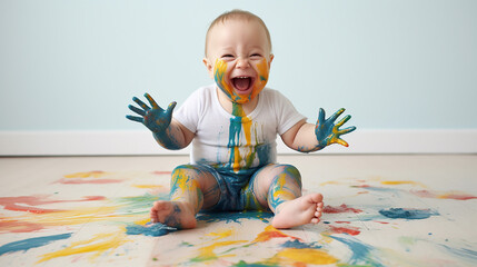 Fototapeta The happy little boy with Down syndrome dirty with paint obraz