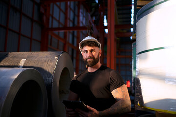Blue collar worker work at metal sheet factory.
