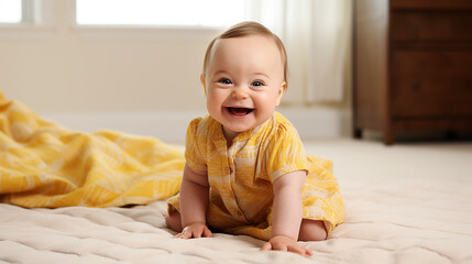 Portrait of a smiling baby with Down syndrome.