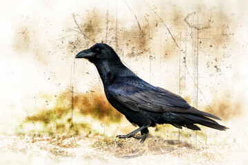 beautiful raven Corvus corax sitting on the branch North Poland Europe, old vintage filters - halloween