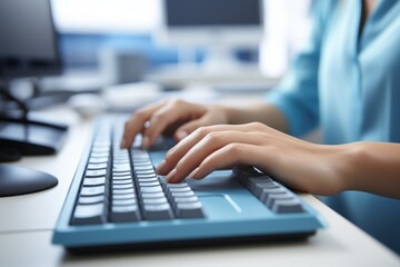 Bright Office. Close-up of Hand Typing on Laptop Keyboard for Online Work and Marketing