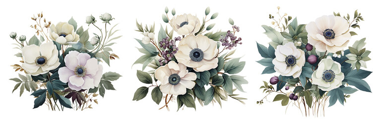 Anemone watercolour flowers set.  - obrazy, fototapety, plakaty
