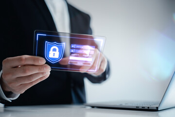 Cybersecurity and data protection  businessman user privacy data information security encryption protect business and financial transaction data from cyber attacks.
