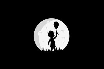 Child holding balloons with full moon background in logo design vector illustration