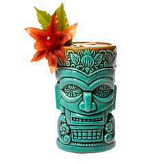 Tropical drinks served on tiki mugs isolated. Tiki cocktail for beach bar and Hawaiian parties. Element for menu and banner. AI