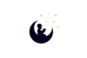 Child reading on crescent moon in logo design vector illustration