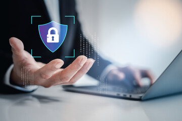 Cybersecurity and data protection  businessman user privacy data information security encryption protect business and financial transaction data from cyber attacks, intelligent protection digital file