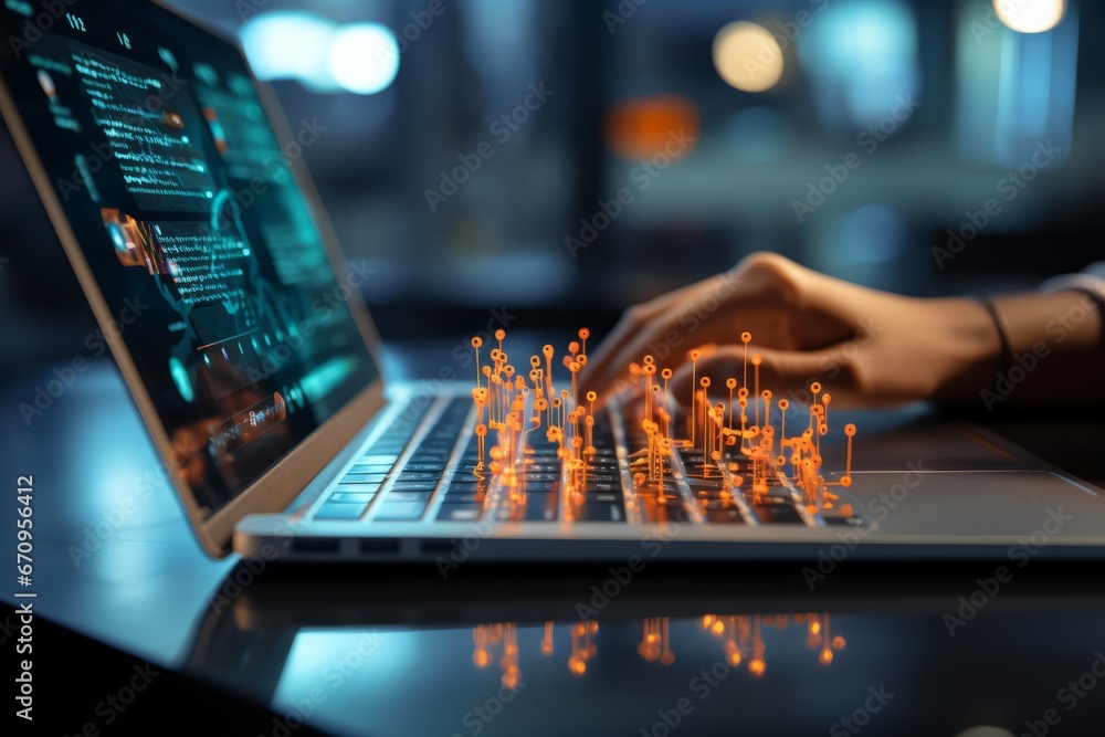 Poster virtual keyboard syncing business data with global network. data exchange and information transfer