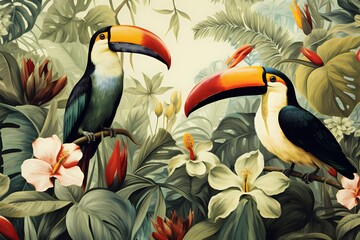 Tropical pattern with tucan birds - obrazy, fototapety, plakaty
