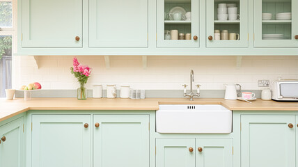 Fototapeta premium Mint cottage kitchen interior design, home decor and house improvement, English in frame kitchen cabinets in a country house